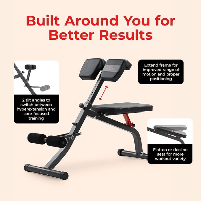 Sunny Health & Fitness Foldable Roman Chair, Back Hyperextension Bench | Adjustable Height, Folds Flat for Storage, Built in Dip Station, Targets Back, Abs & Core, Crunches & Back Extensions
