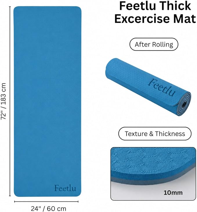 Extra Thick Yoga Mat with Carry Strap, 10mm Non-Slip Exercise Mat, 72 x 24 Inch Cushioned Workout Mat for Yoga, Pilates, Stretching & Floor Exercises