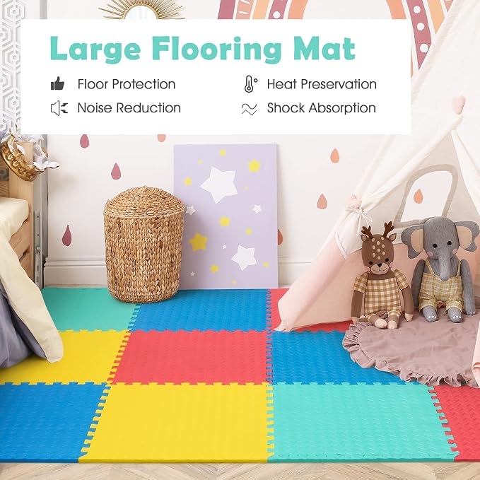 Tangkula 24 Tiles Exercise Flooring With Border, Non-Slip EVA Foam Protective Mats, Elastic Puzzle Play, 1/2" Interlocking Floor for Home Gym, Fitness Room, Workshop Equipment