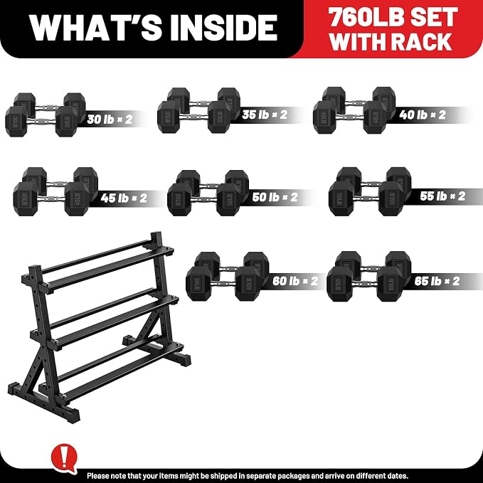 PAPABABE Dumbbell Set with Rack Dumbbells Rubber Encased Home Gym | PAPABABE Complete & Durable Cast Iron Core Odorless PVC Antiroll Hex Shape Ergonomic Chrome Handle Versatile Home Gym