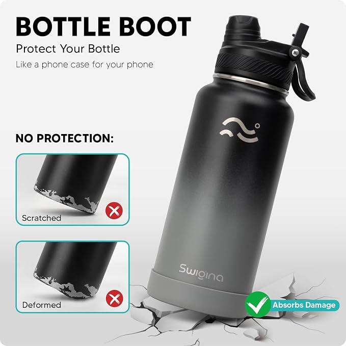 Swigina [2-IN-1 LID] Insulated Water Bottle with Silicone Boot (36hrs Cold/18hrs Hot) - DIY Stickers, Leakproof, BPA Free, 32 oz
