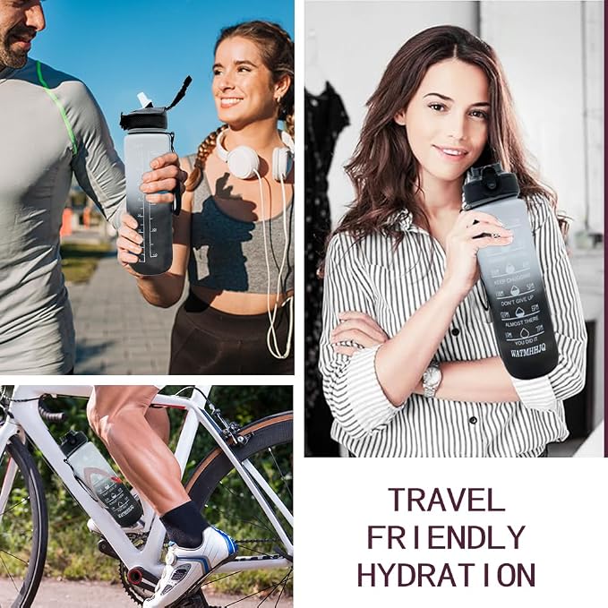 32oz Sports Water Bottle Outdoor, with Drinking Time and Capacity Labels, Sport Water Cups with Straw,BPA Free Leak Proof,for Fitness Gym Running Climbing (Grey black)