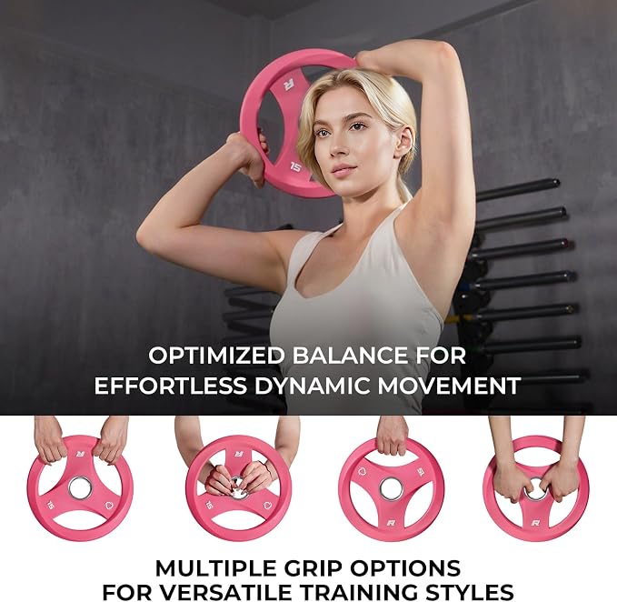 RitFit AURASPIN Olympic Grip Plates, Easy-Grip Curved Design for Home Gym | PU Coated with Curved Grip, Tri-Hole Design for Balanced Lifting, Olympic 2-Inch Bore for Home Gym