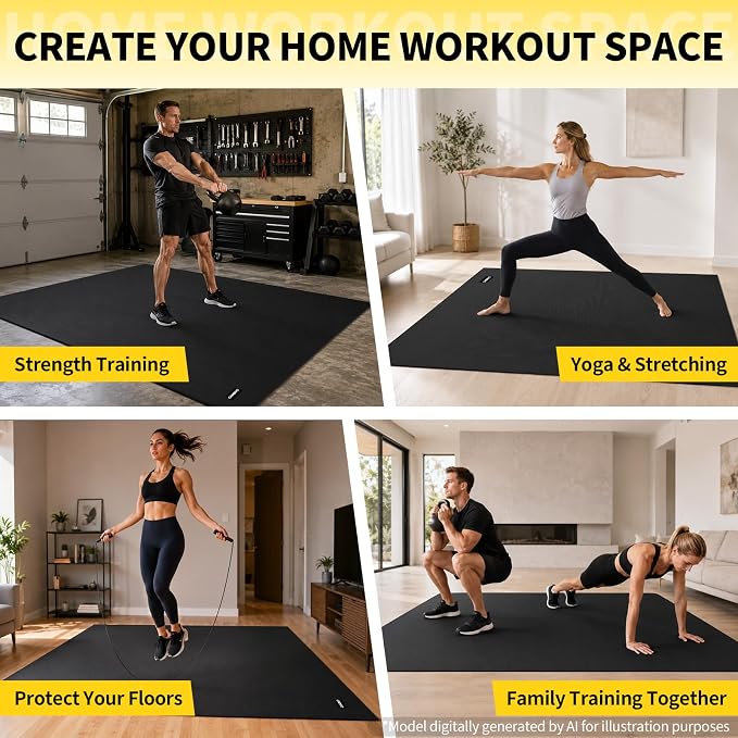 CAMBIVO 8'x6'/7'x5'/6'x4' Large Exercise Mat Workout Mat for Home Gym, 7mm | High-density PVC, cushioned surface, non-slip bottom, for jump rope and weights, floor protection, easy to store