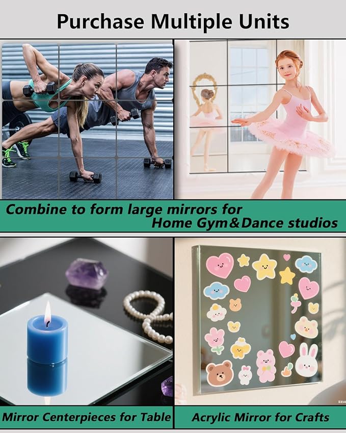 Shatterproof Peel and Stick on Mirror Tiles for Wall Decorative, 4 pcs 14”x12” Unbreakable Small Mirrors for Wall Classroom Decor, Toddlers Mirror for Kids Bedroom, Plastic Door Adhesive Mirrors