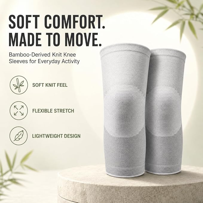 Bamboo Compression Knee Sleeves for Men and Women—Bamboo charcoal blend material provides soothing warmth and joint stability; offers moderate compression, suitable for daily activities