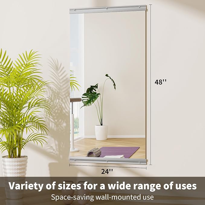 VooBang Home Gym Mirror 1 PCS 24"×48", Frameless Wall Mirror Full Length | Shatterproof Tempered Glass Large Body Mirror Hanging for Dancing Studio, Exercise, Fineness, Yoga