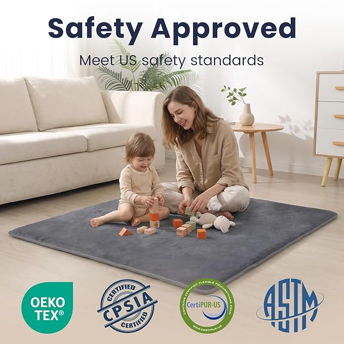 Huloo Sleep Baby Play Mat for Floor,1.3" Thick Elasti-Foam 47"×47" Playpen Mat for Tummy Time,Water Repellent Soft Coral Velvet for Toddler,Infant,Kids,Non-Slip Backing Safe for Crawling(Dark Grey)