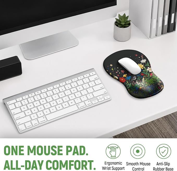 Ergonomic Mouse Pad with Wrist Rest, Gel Wrist Support, Garden | 10.2 x 7.6 in Mouse Pad with Smooth Fabric Surface and Non-Slip Rubber Base for Office, Home, Study, and Gaming