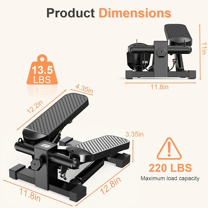 Mini Steppers for Exercise At-Home, Step Fitness Machines with Resistance Bands and LCD Monitor, Mini Stair Stepper with 220 LBS Loading Capacity for Daily Workout