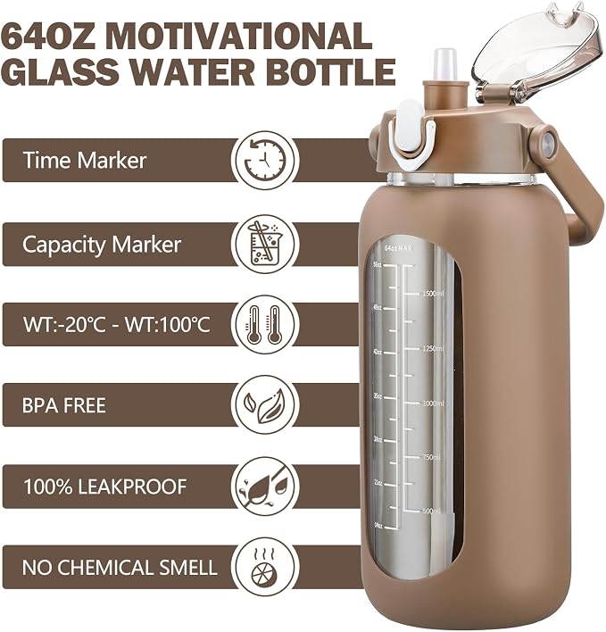 64oz Glass Water Bottles with Straw, Half Gallon Motivational Glass Bottle with Silicone Sleeve and Time Marker, 2L Leakproof Large Glass Water Jug for Gym Home Office,Amber