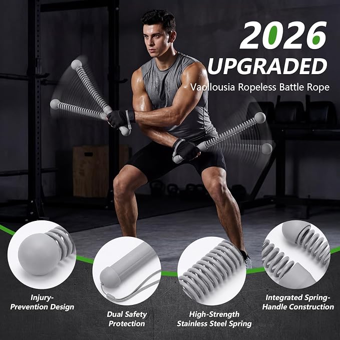 2026Upgraded Weighted Ropeless Battle Ropes for Home Gym&Travel - 2Pack 4MM Steel Spring Cordless Portable Battle Ropes, Exercise Rope Sticks for HIIT, Strength&Cardio, Grey