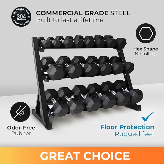 Rubber Hex Dumbbell Set with Rack, 8/10/12/15/20 Pair (450/550/780/1200/1550/2100 lbs total) Weight Rack with Dumbbells for Home Gym & Strength Training