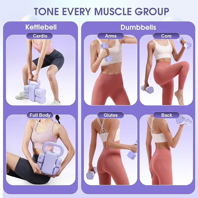 Adjustable 2-in-1 Convertible Kettlebell & Dumbbells Set, 4 in 1 Free Weights Dumbbell Set of 2, Each 2.2 3.3 4.4 5.5lb Quick Change Women Dumbbell Set for Home Exercise Training