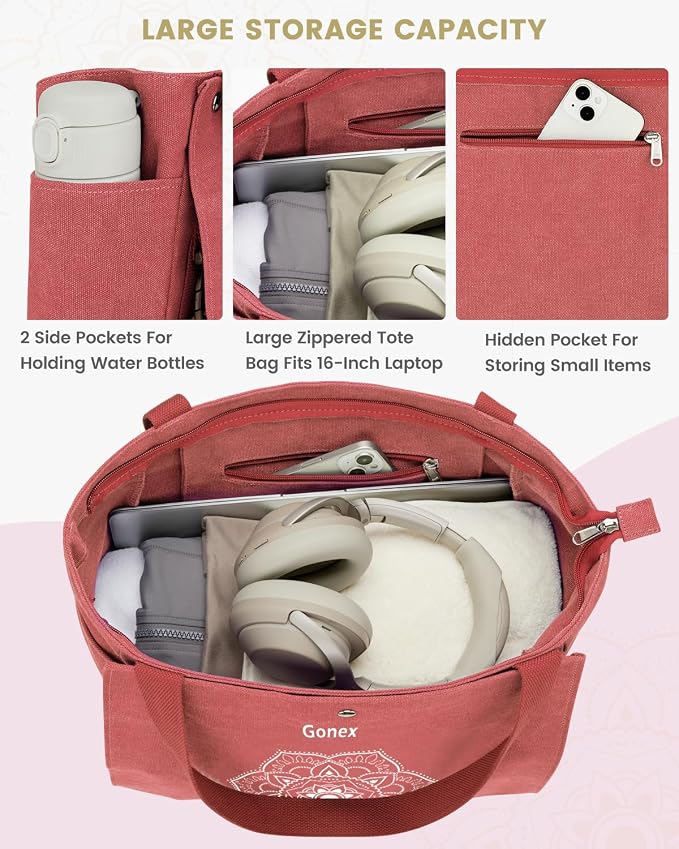 Gonex Yoga Mat Bag For Women Canvas Tote Pilates Gym Bag With Mat Carrier | Front-Opening Quick Access Mat Straps, Durable Cotton Canvas, Machine Washable, Bottle Holder Multi Pockets, Yoga Gym Travel