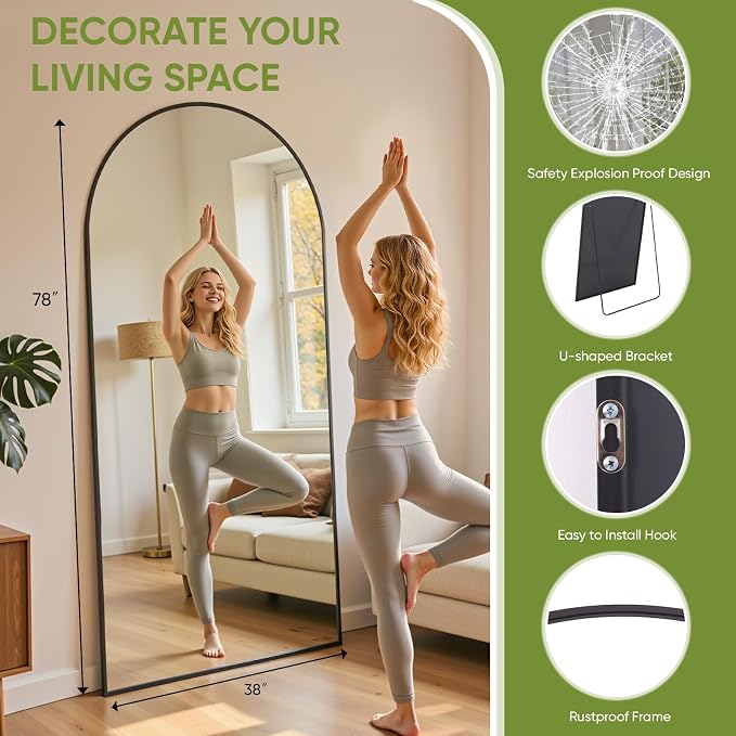 Full Length Mirror 78" L x 38" Full Body Standing Mirror for Bedroom, Living Room, Gym, Dorm - Shatter-Resistant & Easy Assembly, Arched Style Black