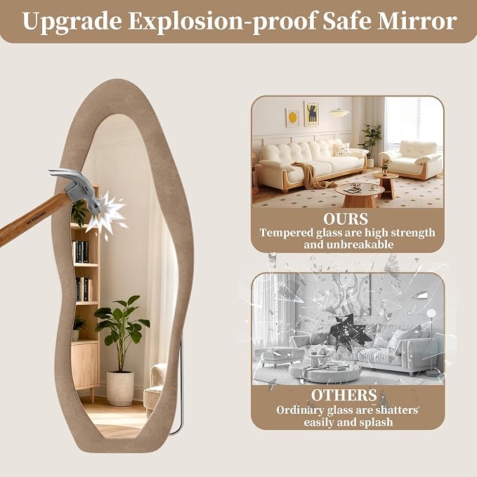 Irregular Full Length Mirror Flannel 63"x24" Full Body Mirror | Velvet Floor Mirrors with Stand, Irregular Wavy Mirror Hanging or Leaning Against Wall for Bedroom Living Room, Brown