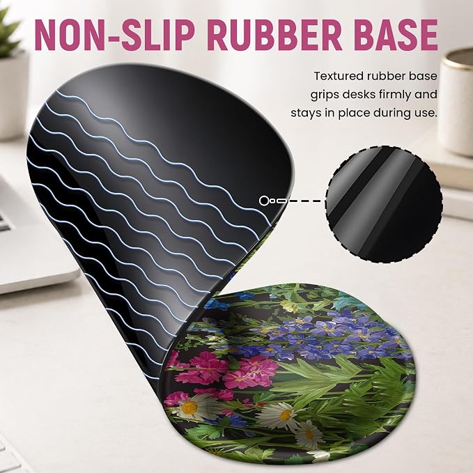 Ergonomic Mouse Pad with Wrist Rest, Gel Wrist Support, Bloom | 10.2 x 7.6 in Mouse Pad with Smooth Fabric Surface and Non-Slip Rubber Base for Office, Home, Study, and Gaming