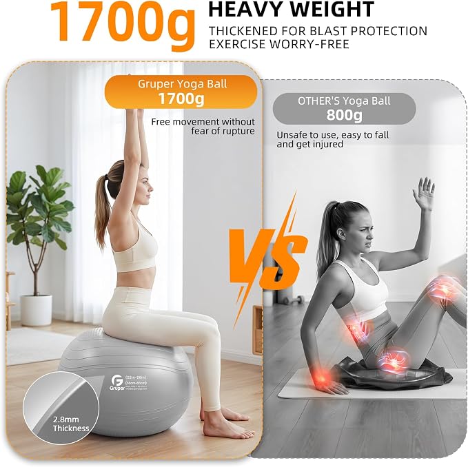 Gruper Yoga Ball, Extra Thick Non Slip Exercise Ball for Workout, Yoga, Pregnancy, 4 Sizes Anti Burst Chair for Home and Office, Includes Foot Pump & Fitness Guide