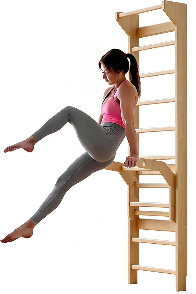 Swedish ladder wall gym adult & Pull Up Bar Gymnastics Bar – Ultimate Wall Bars for Exercise with Adjustable Dip Bar Attachment,Moves wall bars, Wood Stall Bars for Home, Calisthenics, Physical Therapy and Kids Training