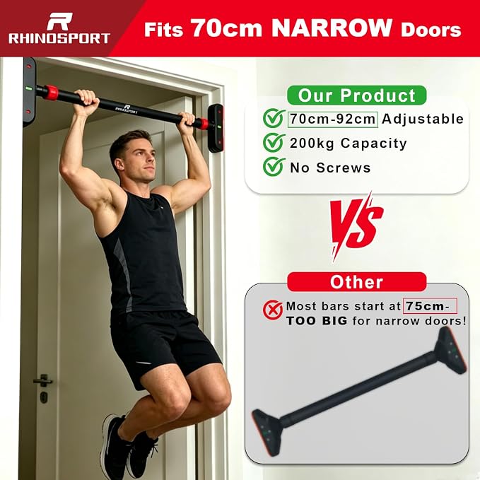 RHINOSPORT Door Pull Up Bar Doorway Chin Up Bar from 69-92 cm (27.1in-36.2in) Workout Equipment for Home Gym Upper Body Workout Non-Slip