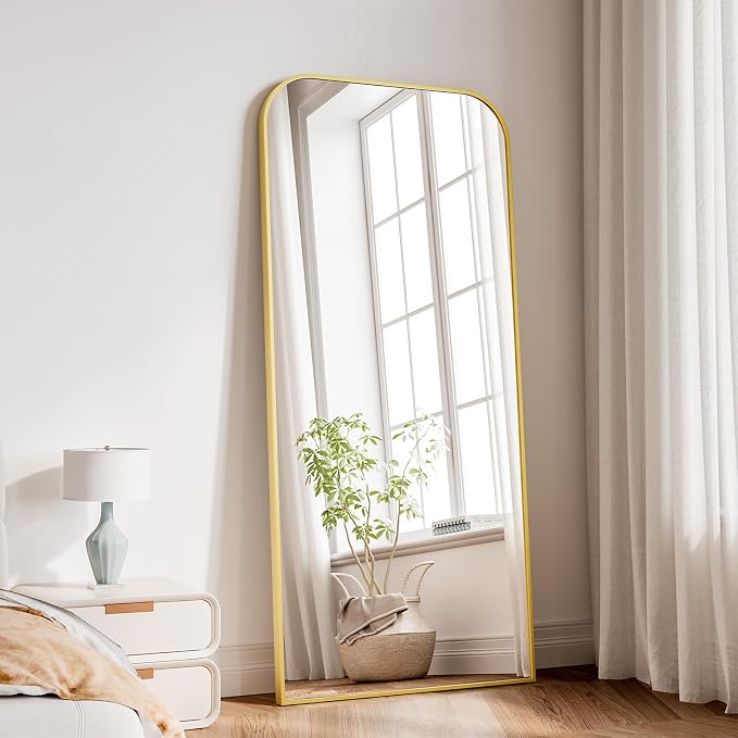 Koonmi Full Length Mirror, 65"x24" Mirror Full Length with Stand | Domed Top Square-Edged ShatterProof Floor Mirror with Gold Aluminum Alloy Frame for Bedroom Living Room Home Gym
