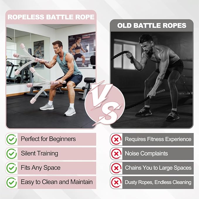 Portable Ropeless Battle Ropes, Adjustable Weights Cordless Battle Ropes for Home Gym with Storage Bag, Exercise Equipment for Low-Impact Workout, Strength & HIIT, for Men & Women (Pink)