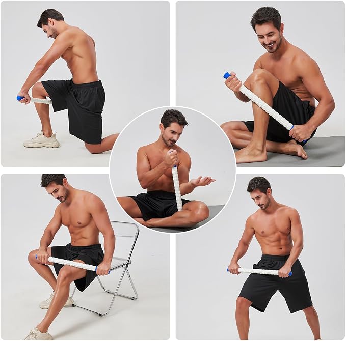 Muscle Roller Massage Roller Stick- Deep Tissue Fascia Blaster for Myofascial Pain Relief, Lymphatic Drainage & Body Sculpting, Handheld Physical Therapy & Recovery Tool (Blue White)
