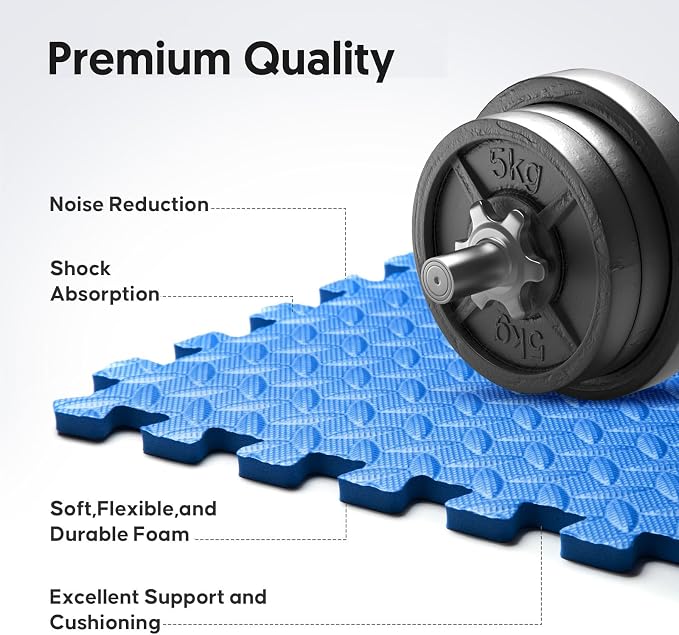 16 Pack 64 sqft Home Gym Mat, Puzzle Exercise Mat, of EVA Interlocking Foam Floor Tiles for Home Workout Equipment and Kids' Play Areas - Blue, 24 in x 24 in x ½ in - 16 Tiles (Blue, 16 Pack 64 sq ft)