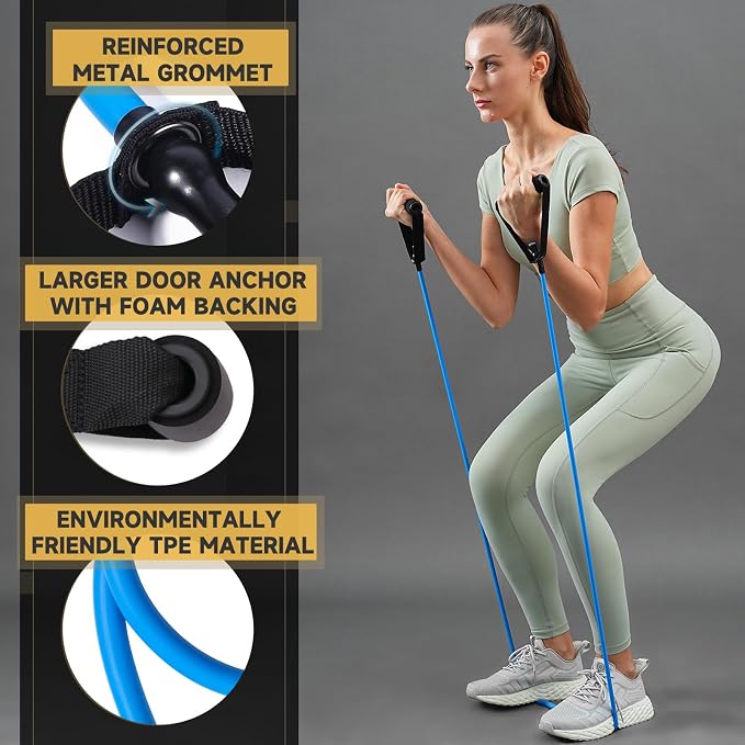 Resistance Bands with Handles and Door Anchor for Home Workouts | For women and men; includes a door anchor and simple guide for exercise, stretching, and home workouts.