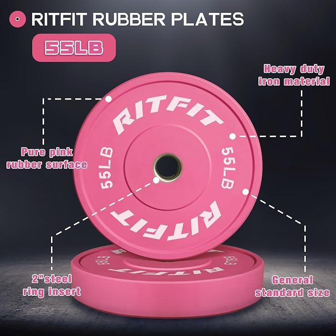 RITFIT Pink Olympic Bumper Plates with Steel Insert for Home Gym | High-Density Rubber with Low Bounce, 2-Inch Olympic Bore with Steel Insert, Pink Color for Strength Training