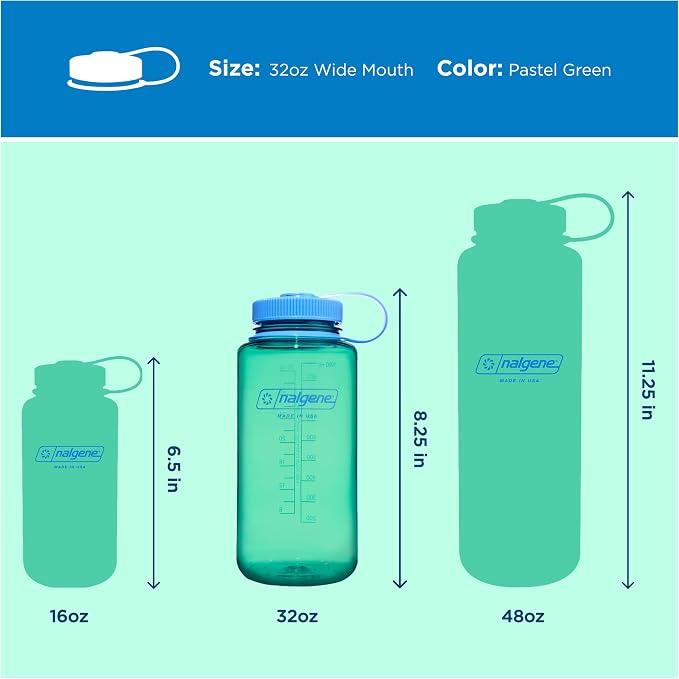 Nalgene 32 oz Wide Mouth Water Bottle, Pastel Green | BPA-Free, Durable & Lightweight, Leak Proof, Dishwasher Safe, Large Reusable Plastic Bottle for Hiking, Gym, Work & Travel