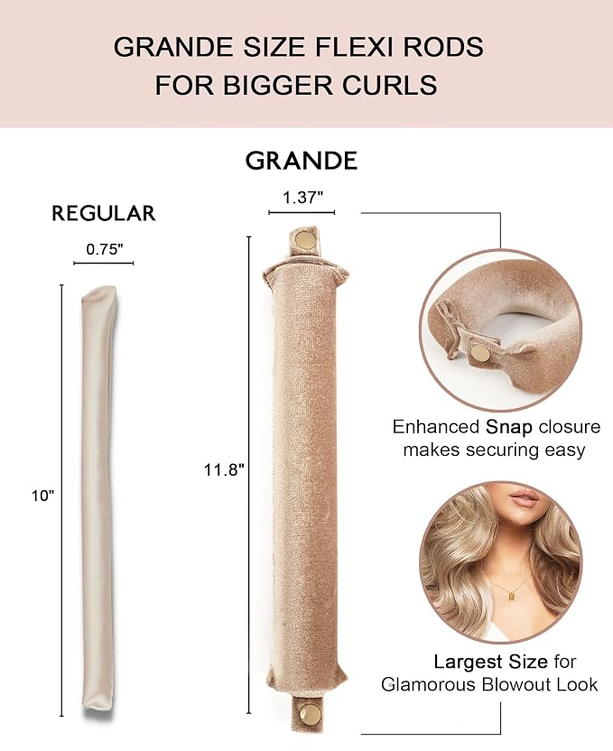 Grande Heatless Curls Overnight Rods - Upgraded Directional Grip Velvet - No Heat Hair Curlers to Sleep, Jumbo Large Hair Rollers Flexible Curling Rods Set for Long Thicker Coarser Hair Blowout Look