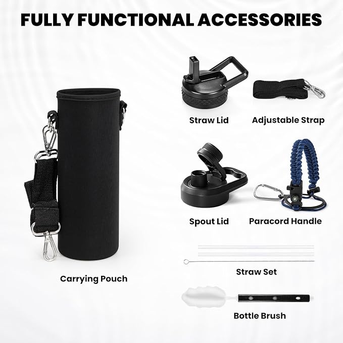 RAYMYLO Insulated Water Bottle 24 oz, Triple Wall Vacuum Stainless Steel | (Cold for 24Hrs, Hot for 12Hrs), Leak Proof & Non-BPA, Modern Water Flask Jug with Paracord Handle & Straw Spout Lids