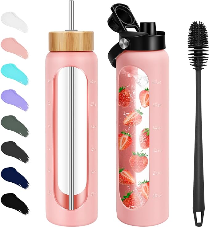 FULBEVY 32 oz Glass Water Bottle with Time Marker, 2 Lids & Silicone Sleeve