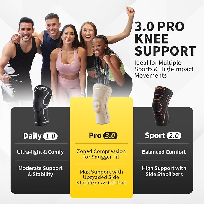 CAMBIVO Knee Brace for Men & Women, 2-Pack Compression Sleeve with Gel Pad | Patella Gel Pad with Side Stabilizers for Knee Pain Relief. Ideal for Running, Weightlifting & Arthritis, Workout, Daily Use