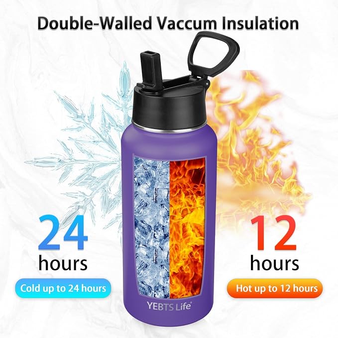 Insulated Water Bottle With Straw,32 oz Vacuum Insulated Stainless Steel Sports Water Flask,Keeps Cold and Hot,Metal Water Bottle Wide Mouth for Gym Travel Camping (Purple)