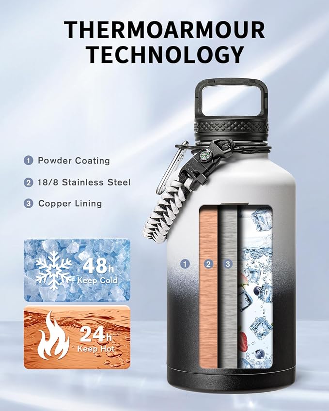 Trebo 64 oz Water Bottle Stainless Steel with 3 Lids, Paracord Handle & Bag | Half Gallon Large Insulated Jug, Triple Wall Vacuum Copper Plated, Dishwasher Safe, Cold 48Hrs for Outdoor, Hiking, Gym
