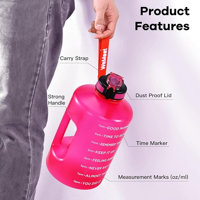 WEMEET Motivational Gallon Water Bottle, BPA Free, Large Sport Water Jug with Handle & Straw, for Fitness, Outdoor, Gym, Travel, Camping, Office (Pink)