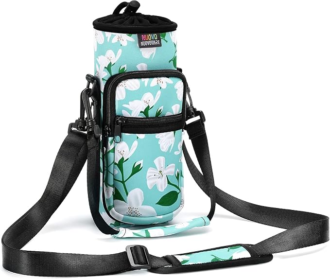 Nuovoware Water Bottle Carrier Bag, 25oz/32oz Bottle Pouch Holder, Adjustable Shoulder Hand Strap 2 Pocket Sling Neoprene Sleeve Sports Water Bottle Accessories for Gym Hiking Travelling, Green Lily | Adjustable Shoulder Hand Strap, 2 Pocket, Neoprene ...