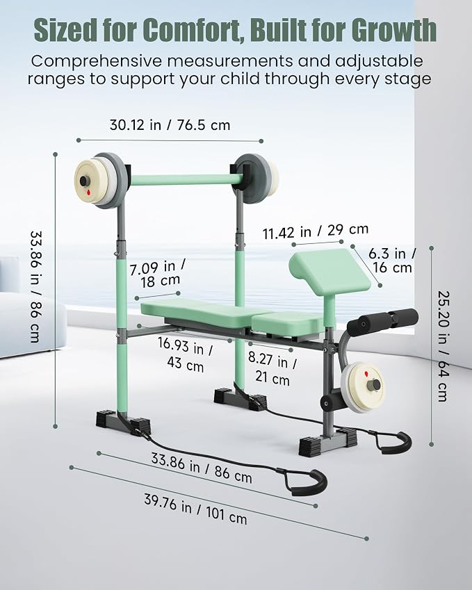 Kids Workout Equipment, Adjustable Kids Workout Bench with Preacher Pad & Leg Developer, Fillable Weight Plates for Home Gym Fitness & Exercise