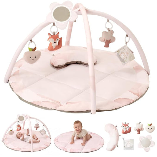 Baby Play Gym & Mat, Tummy Time Mat for Babies 0-12 Months, Pink | Machine-Washable Foldable Activity Mat with 5 Detachable Toys; Certified Safe Newborn Essentials Gift for Baby Registry