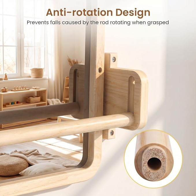Woodtoe Montessori Mirror with Bar, Adjustable Baby Pull to Stand Toys 6M+ | Natural Solid Wood Frame & Baby Pull Up Bar, Infant Coordination Toddler Mirror, Developmental Toys for Baby 6-18 Months