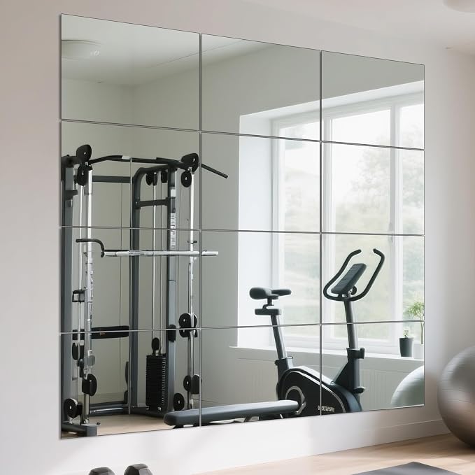 Full Length Wall Mirror Tiles, HD Glass Gym Mirror, Set of 12Pcs 12″×16″ Wall Mounted Mirrors for Home Gym, Dance Yoga Studio, Bedroom, Door
