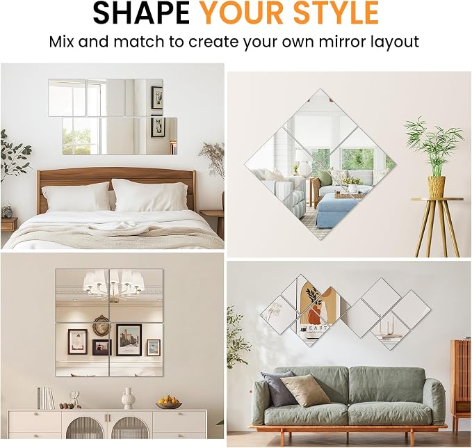 Full Length Wall Mirror Tiles, HD Glass Home Gym Mirror, 12Pcs 12"x10" Wall Mounted Mirrors for Home Gym, Dance Yoga Studio, Bedroom, Door