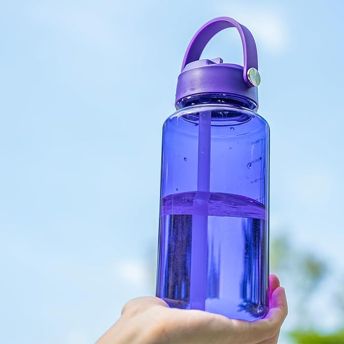 OLDLEY 32oz Water Bottle with Straw,Leakproof Tritan Clear Bottle with Marked Bottle and Carry Handle, BPA-Free Wide Mouth Reusable Sports Water Bottle for Gym,Hiking, Camping, Travel, Workout,Purple