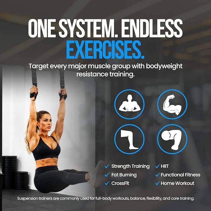 Suspension Trainer Straps – Premium Nylon Bodyweight Fitness Straps for Home & Gym Workouts, Adjustable Exercise Straps with 540lbs Load Capacity, Black, Pair