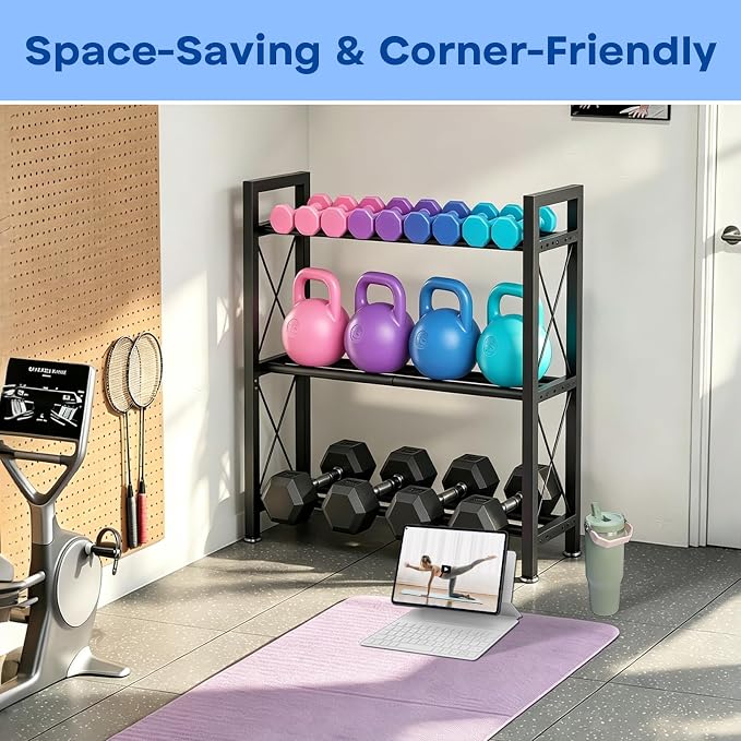 Dumbbell Rack Stand Only, 2 Tier | 3 Tier Adjustable Weight Rack | Thick Steel, Stable Compact H-Frame, Custom Bar Gap, Non-Slip Base, Waterproof Rustproof Coating, For Home Gym Garage Storage