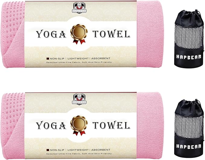 HAPBEAR 2 Pack Non Slip Yoga Mat Towel with Grip Dots, 72" x 24" Hot Yoga Towel - Super Absorbent Microfiber Yoga Towel for Hot Yoga, Bikram, Pilates and Gym Workout - Pink