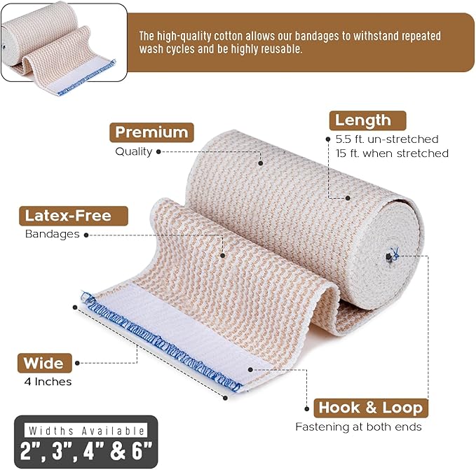 Premium Elastic Bandage Wrap (4” Wide, 4 Pack) - Nexskin Latex Free Athletic/Medical Compression Bandages Hook & Loop Fasteners at Both Ends - Lifetime Washable & Reusable Bandages